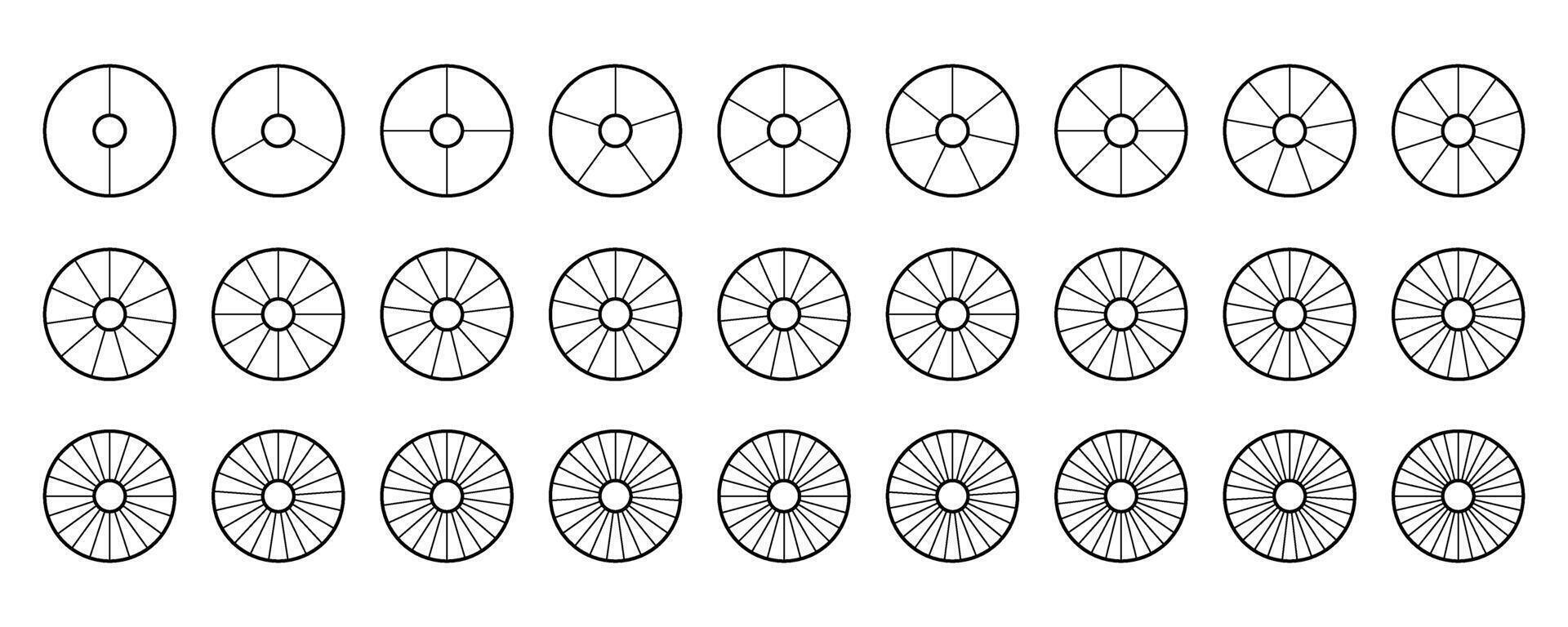 Donut chart segments collection. Wheel diagrams set. Outline sections and slices pack. From 2 to 28 segments of infographic charts. Different phases and stages of cycle. vector