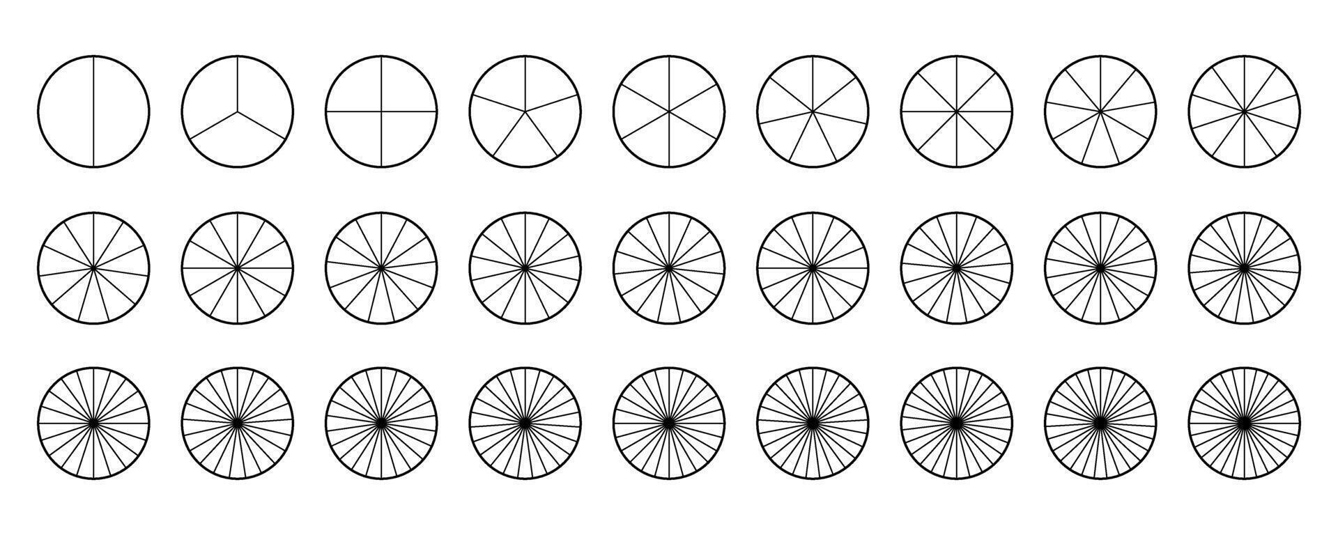 Circle segments collection. Pie diagrams set. Round sections and slices pack. From 2 to 28 segments of infographic charts. Different phases and stages of cycle. vector