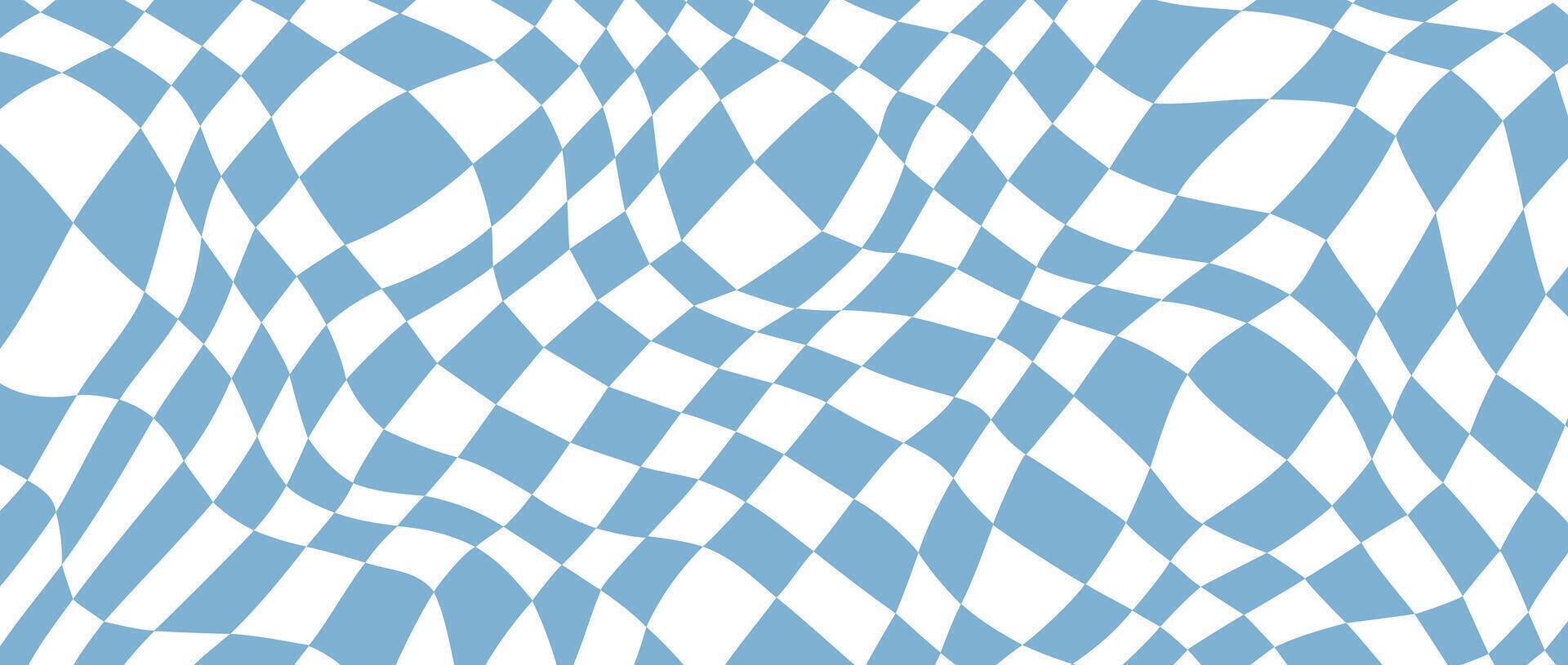 Retro distorted checkerboard background. Blue trippy psychedelic checkered wallpaper. Wavy pool surface. Abstract twisted groovy geometric pattern. vector