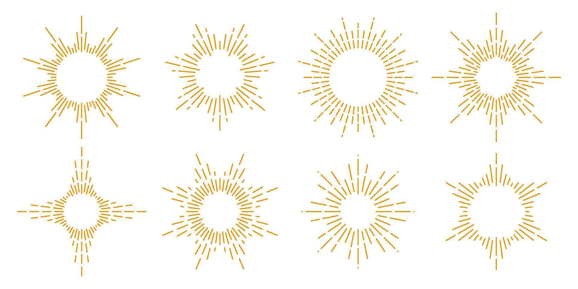 Golden sunburst frames collection. Retro gold sun light rays pack. Vintage radial rays, sunbeams, firework or explosion for emblem, logo, tag, stamp, banner, sticker. elements vector