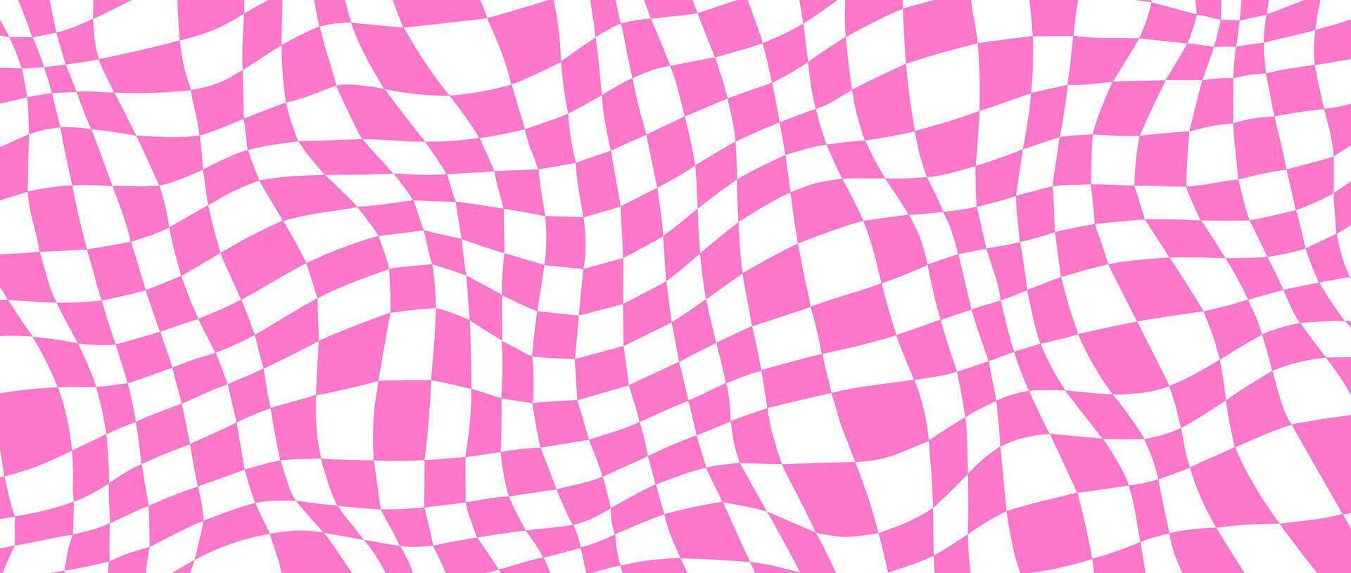 Trippy distorted checkerboard background. Pink and white retro psychedelic checkered wallpaper. Wavy groovy chessboard surface. Twisted geometric pattern. Abstract backdrop vector