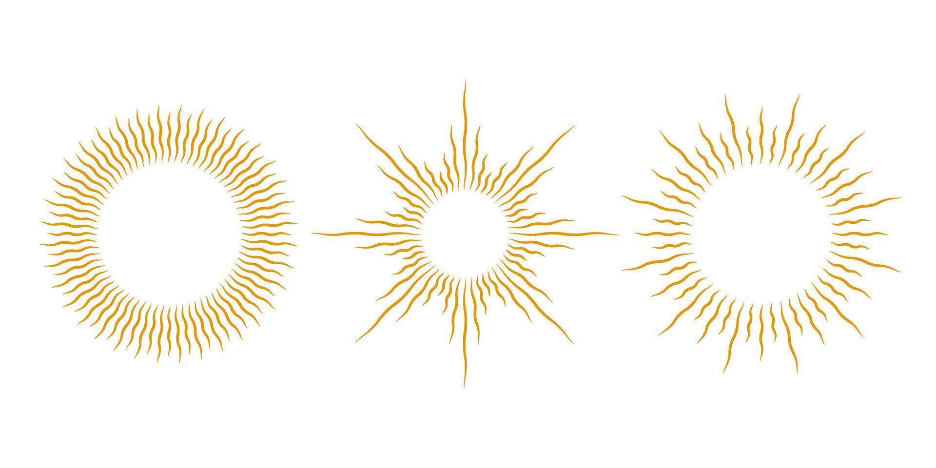 Golden sunburst frames set. Retro gold sun light rays element collection. Vintage radial rays, sunbeams, firework or explosion for emblem, logo, tag, stamp, banner, sticker. elements vector