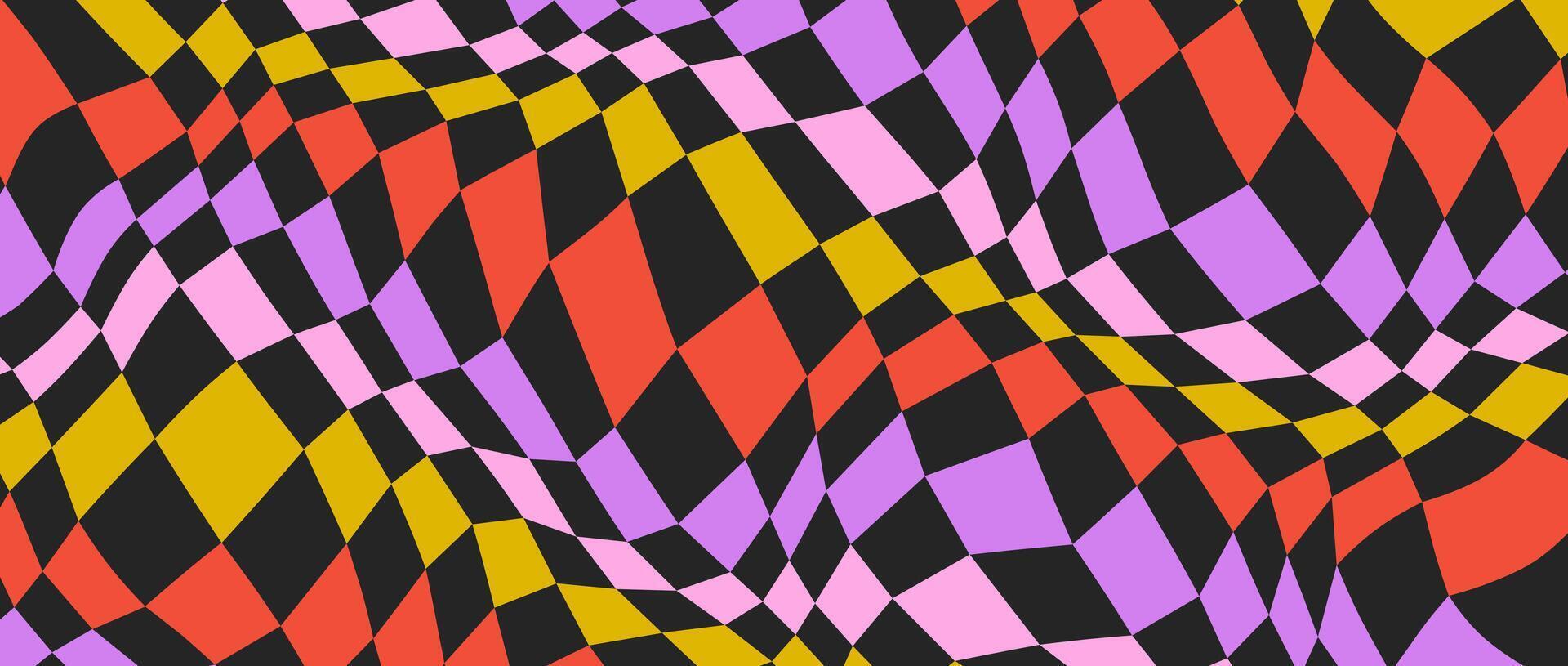 Colorful distorted checkerboard background. Purple red yellow pink psychedelic checkered wallpaper. Wavy groovy chessboard surface. Trippy twisted geometric pattern. Abstract retro backdrop vector