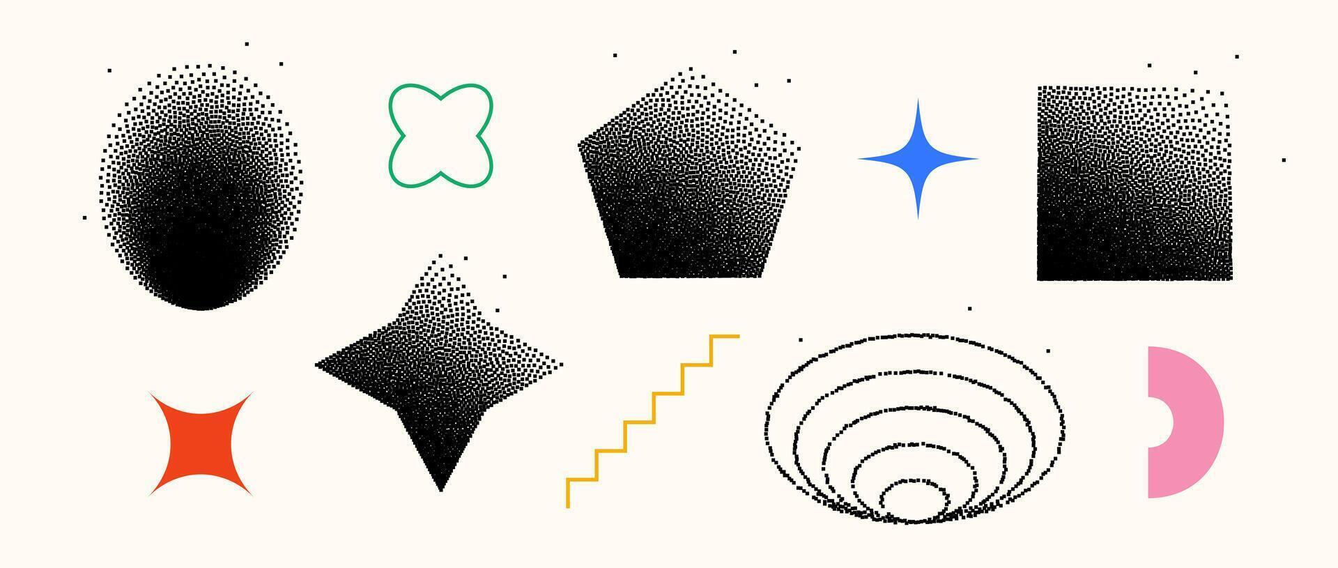 Set of dissolving shapes. Fading square, pentagon, star, rectangle, ellipse primitives collection. Figures with halftone dust gradient. geometric elements made of particles, speckles, specks. vector