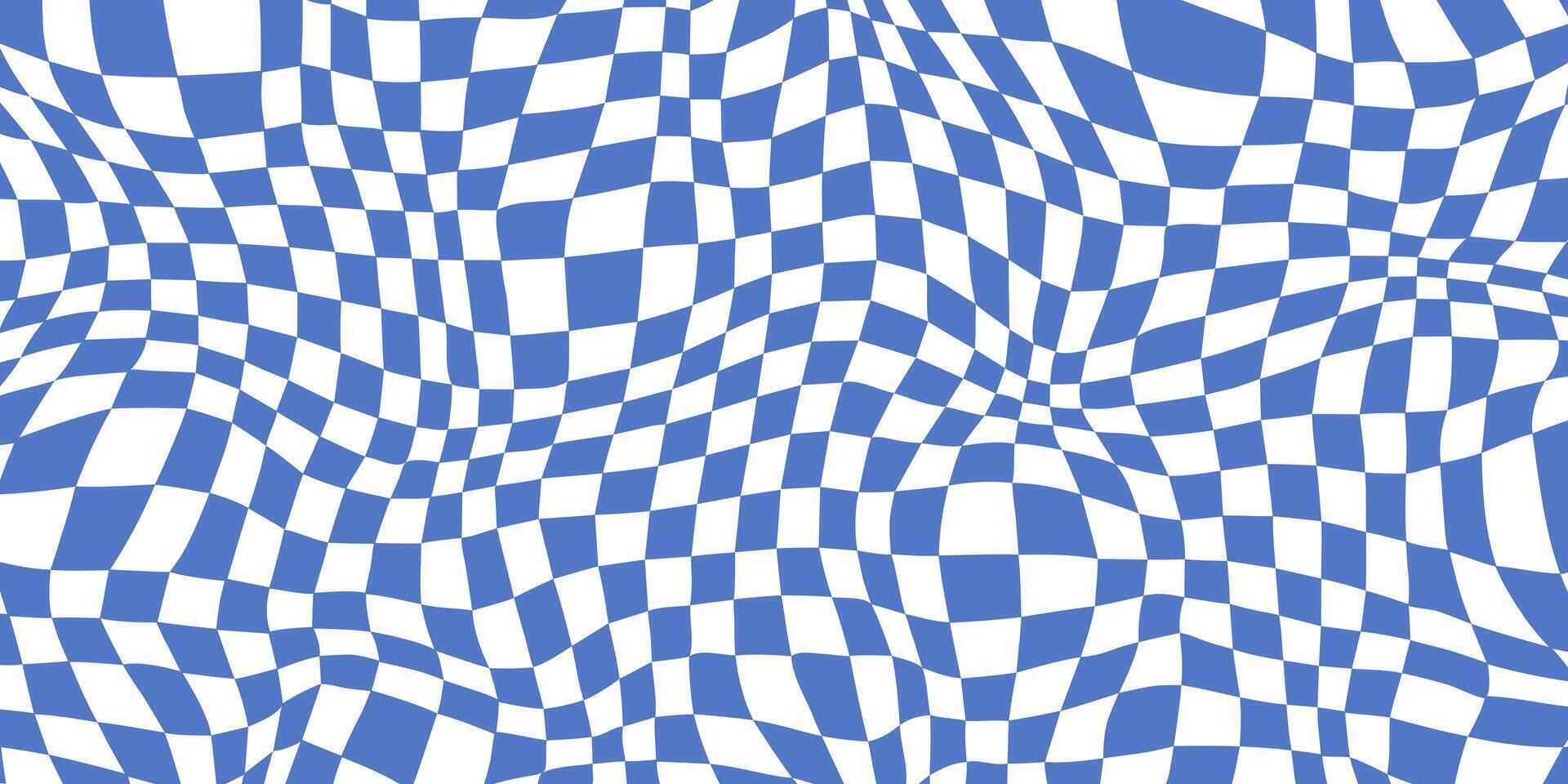 Retro distorted checkerboard background. Blue trippy psychedelic checkered wallpaper. Wavy groovy chessboard surface. Abstract twisted geometric pattern. vector