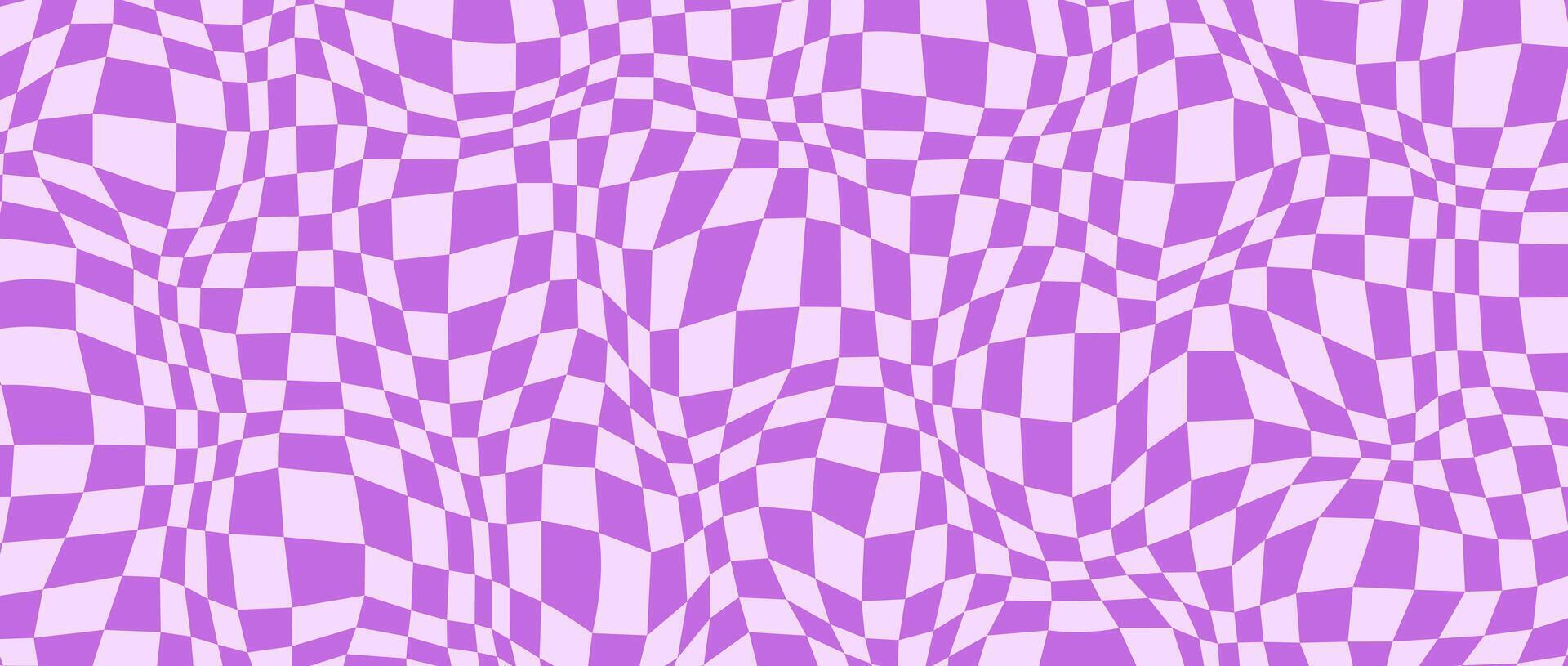 Trippy distorted checkerboard background. Purple violet psychedelic checkered wallpaper. Wavy groovy chessboard surface. Twisted geometric pattern. Abstract retro backdrop vector