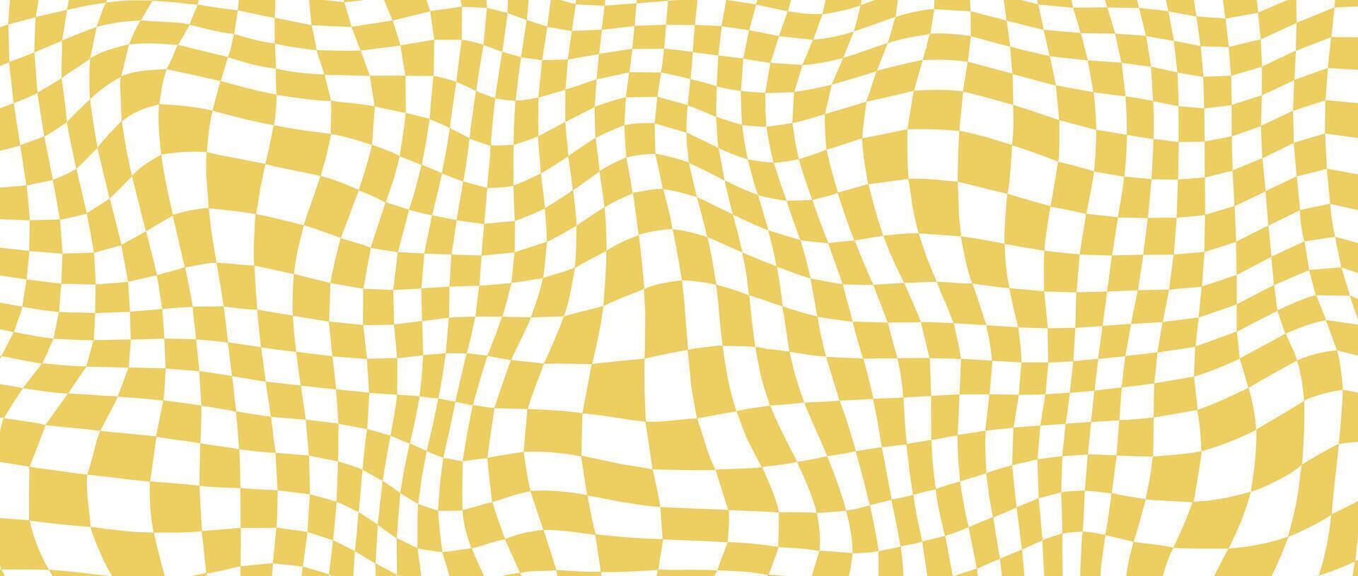 Yellow distorted checkerboard background. Retro psychedelic checkered wallpaper. Wavy groovy chessboard surface. Trippy twisted geometric pattern. Abstract vector