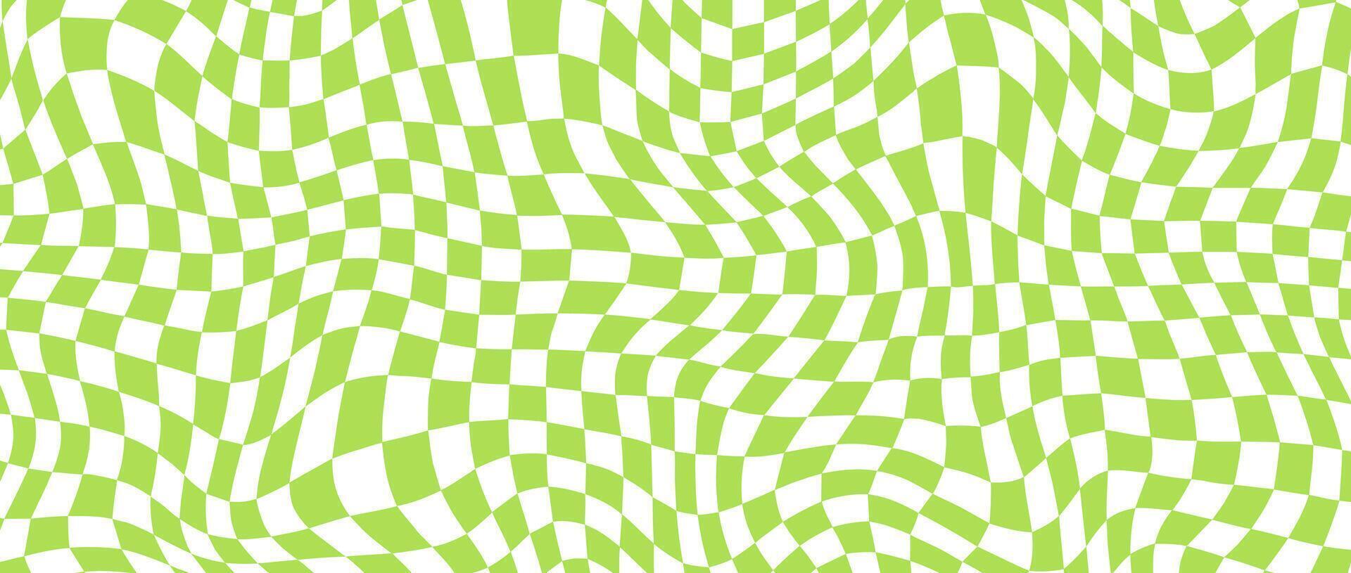 Green distorted checkerboard background. Retro psychedelic checkered wallpaper. Wavy groovy chessboard surface. Trippy twisted geometric pattern. Abstract vector
