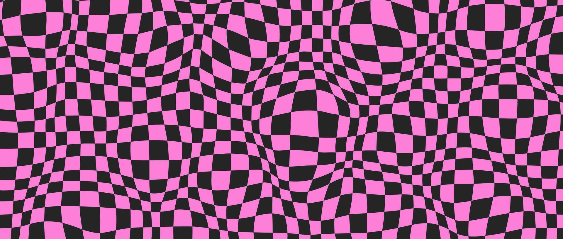 Black and pink distorted checkerboard background. Retro emo psychedelic checkered wallpaper. Wavy groovy chessboard surface. Trippy twisted geometric pattern. Abstract vector