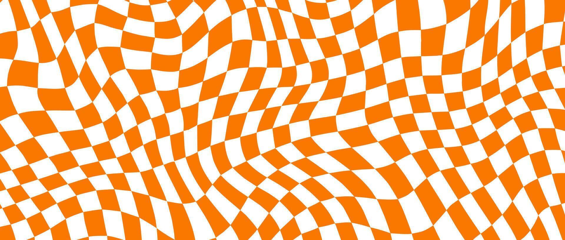 Trippy distorted checkerboard background. Orange retro psychedelic checkered wallpaper. Wavy groovy chessboard surface. Twisted geometric pattern. Abstract vector