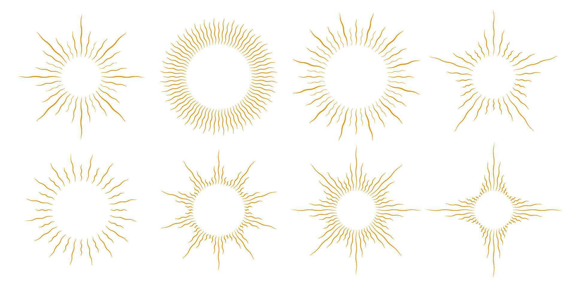 Golden curved sunburst frame set. Retro warped circle sunlight rays pack. Vintage wavy sunbeams design elements for logo, labels, badges, banners. gold collection vector