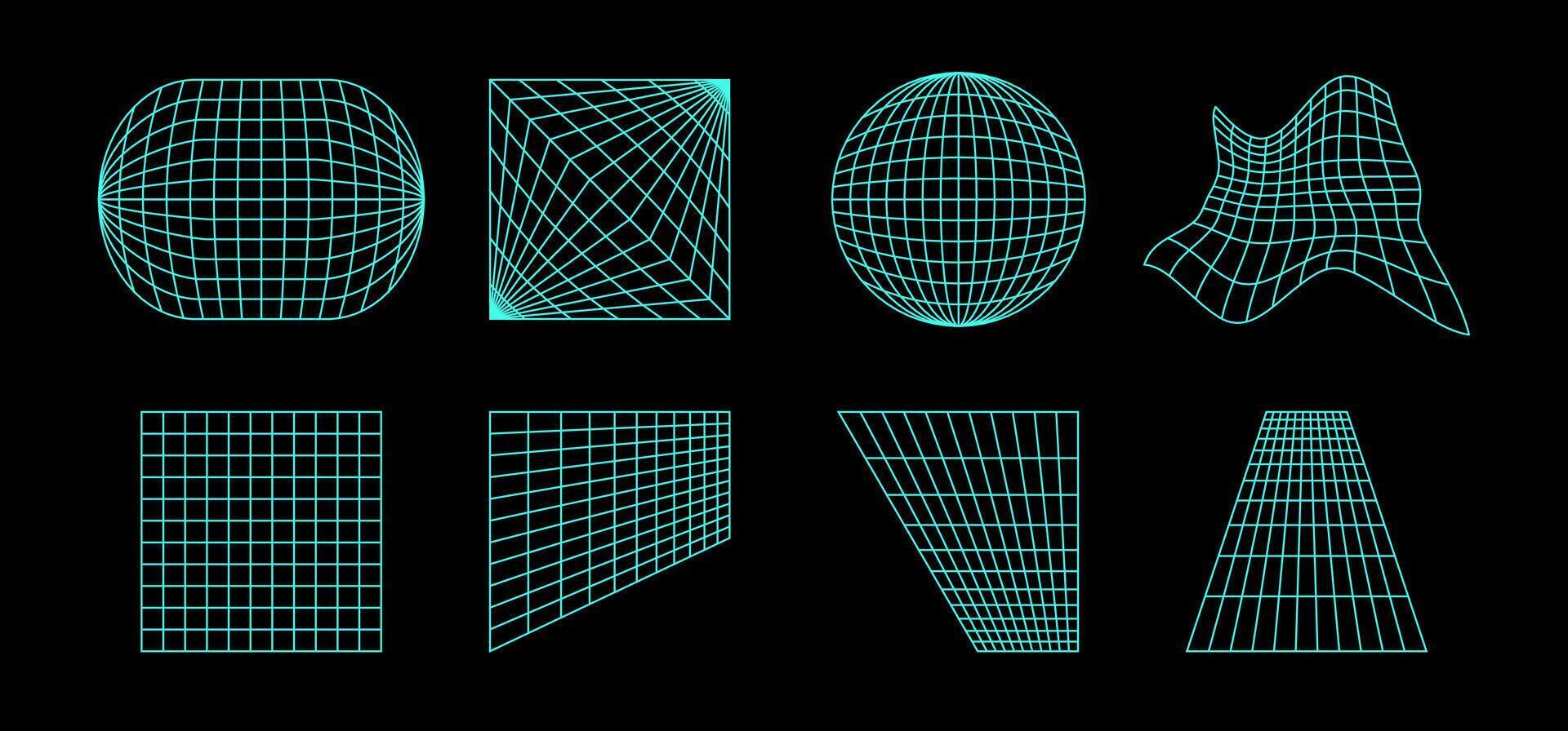 Neon wireframe elements collection. Geometric surface grid of different shape. Distorted perspective planes and object set. Geometric bundle for posters, flyers, collages, templates. vector