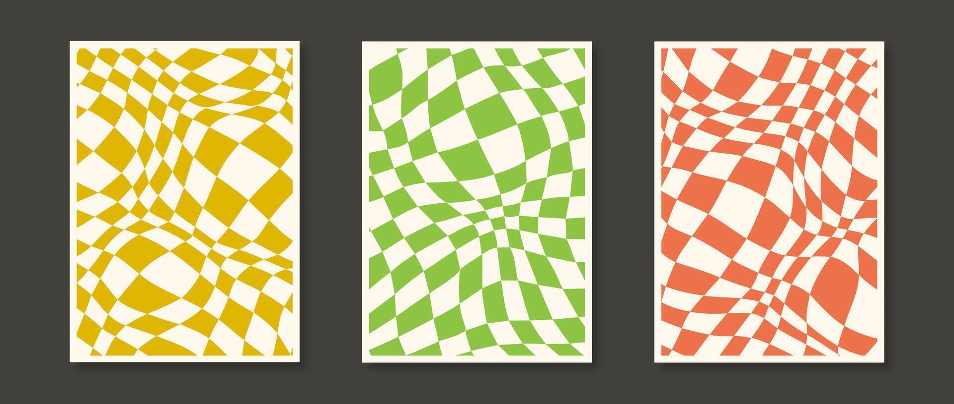Trippy checkerboard background set. Orange, green, yellow retro psychedelic checkered wallpaper collection. Groovy chessboard surface bundle. Distorted and twisted geometric patterns. Abstract vector