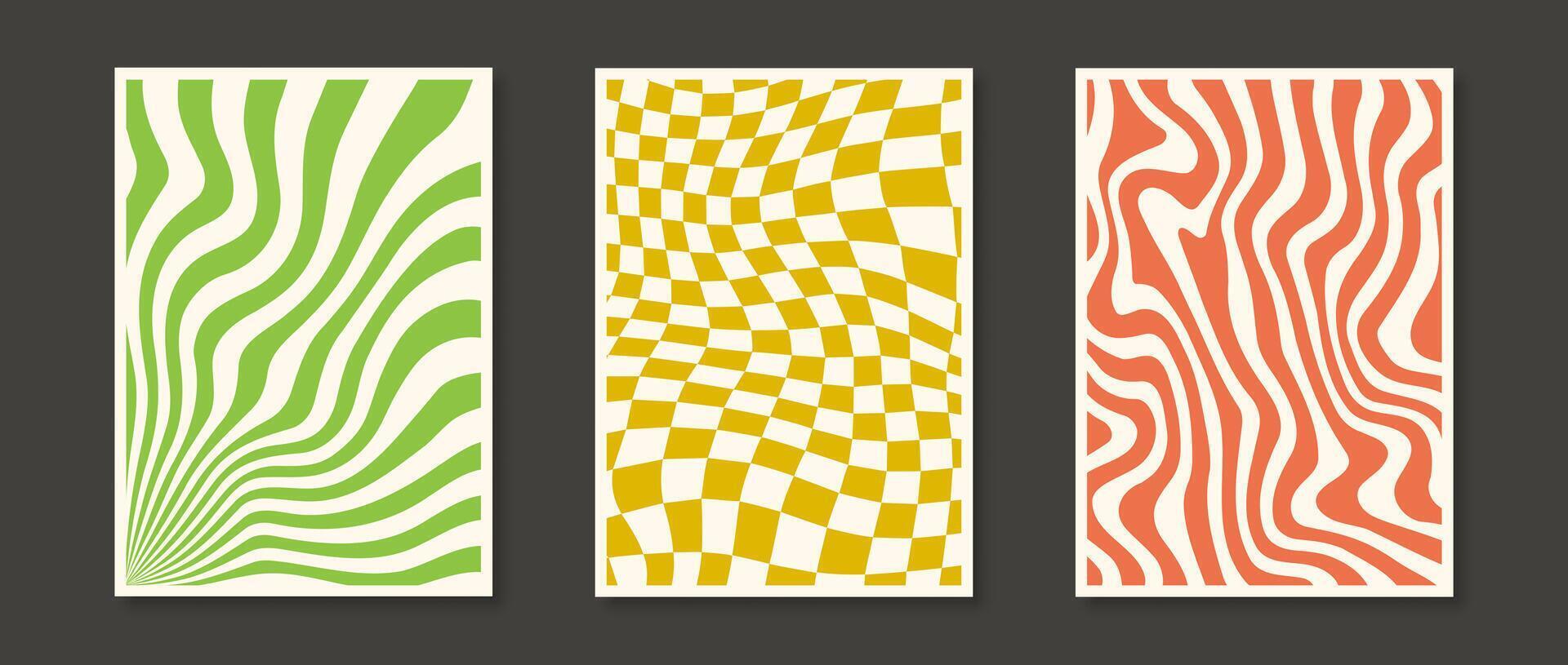 Trippy wavy lines and checkerboard backgrounds set. Psychedelic wavy stripes and distorted curly textures collection. Orange, green and yellow groovy distorted wallpapers. banners, posters vector