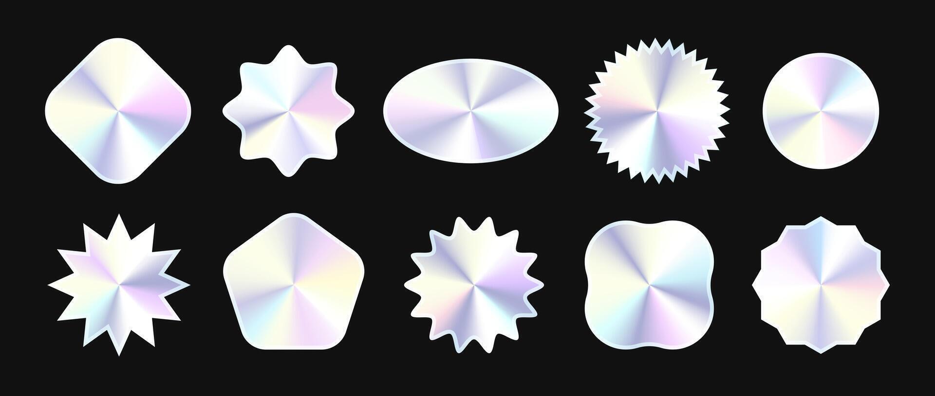 Holographic stickers set. Hologram labels collection. Shiny silver foil elements bundle for emblems, tags, labels, badges, templates, collages. illustration vector