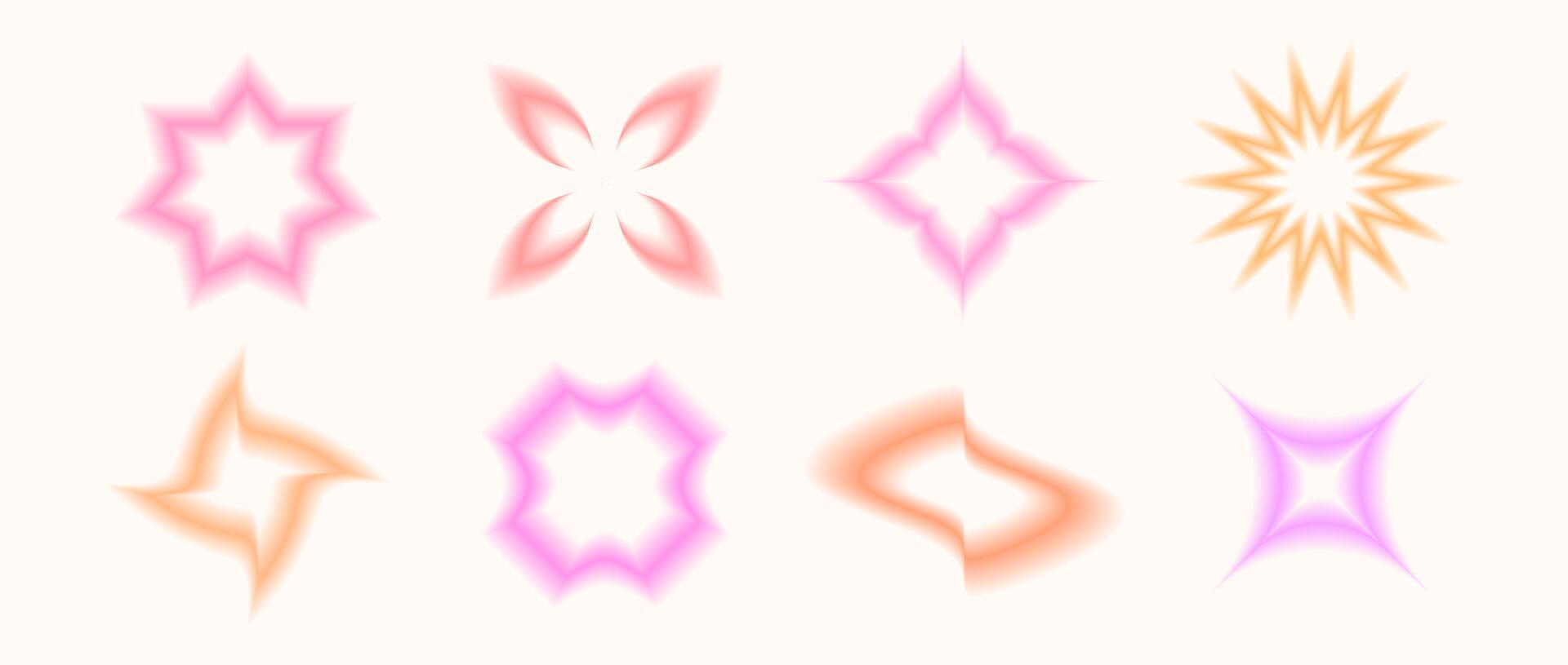 Y2k blurred gradient flowers, stars, wave set. Blurry shapes aura collection. Abstract trendy elements for logo, templates, badges, stickers. vector