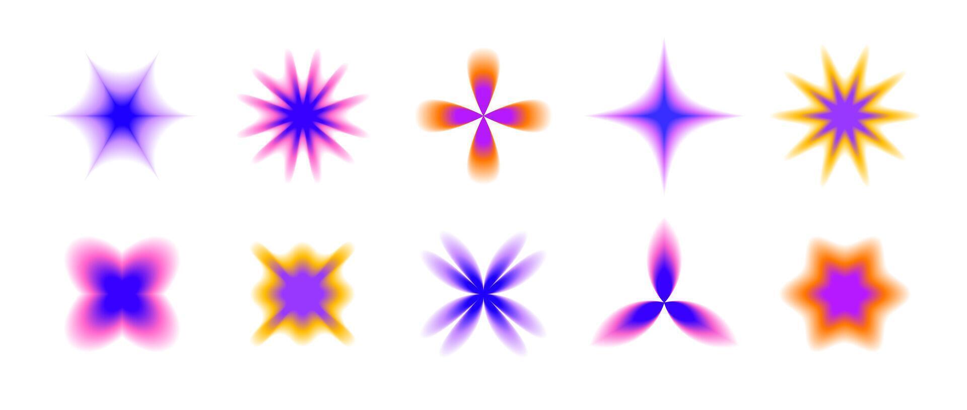 Y2k blurred gradient flowers and stars set. Blurry flower aura collection. Colorful abstract trendy elements for logo, templates, badges, stickers, collages. vector