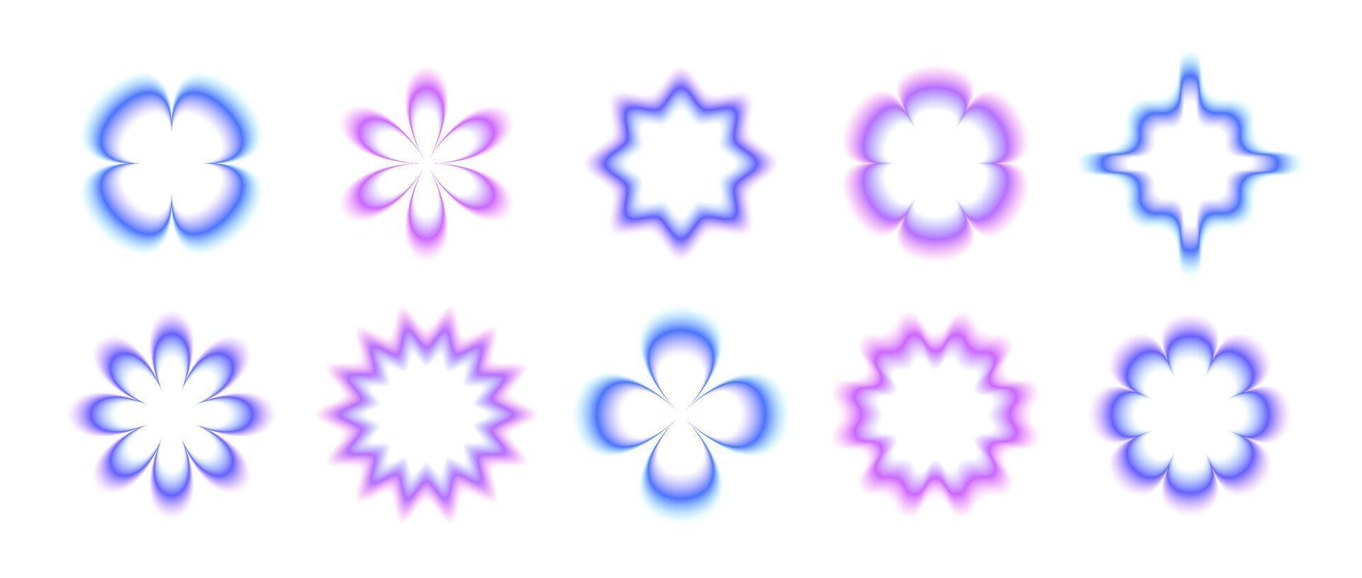 Y2k smooth gradient flowers set. Pastel blurry flower aura collection. Abstract blurred trendy elements for logo, templates, badges, stickers, collages. pack vector