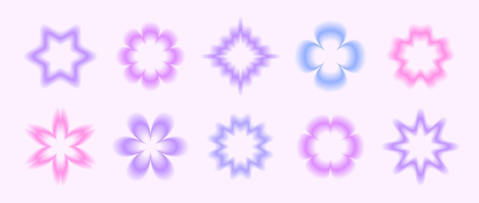 Y2k smooth gradient flowers set. Pastel blurry flower aura collection. Abstract blurred trendy elements for logo, templates, badges, stickers. pack vector