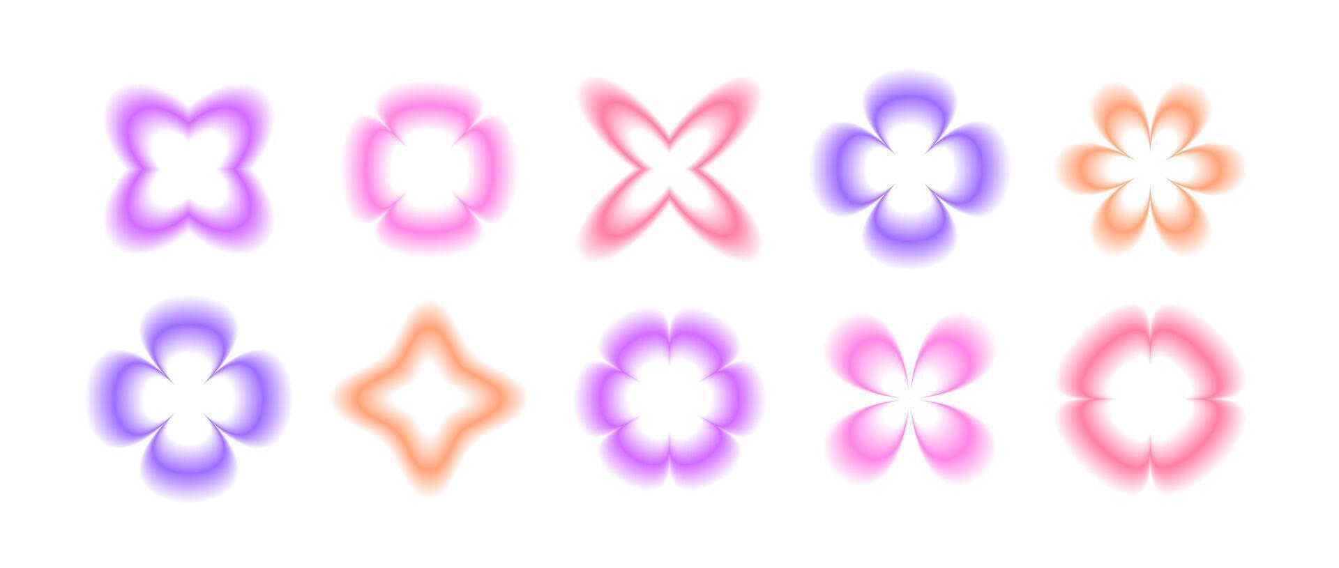 Y2k blurred gradient flowers set. Blurry flower aura collection. Abstract trendy elements for logo, templates, badges, stickers. vector
