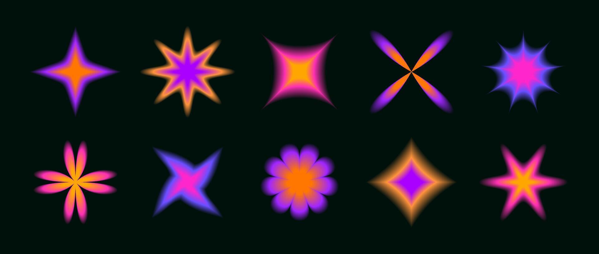 Y2k soft neon gradient flowers and stars set. Blurred flower aura collection. Colorful abstract trendy elements for logo, templates, badges, stickers, collages. vector
