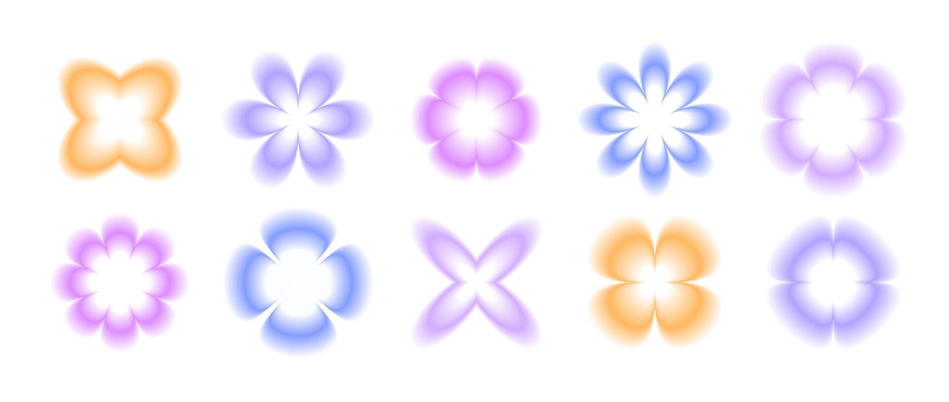 Y2k smooth gradient flowers set. Blurry flower aura collection. Abstract blurred trendy elements for logo, templates, badges, stickers. pack vector