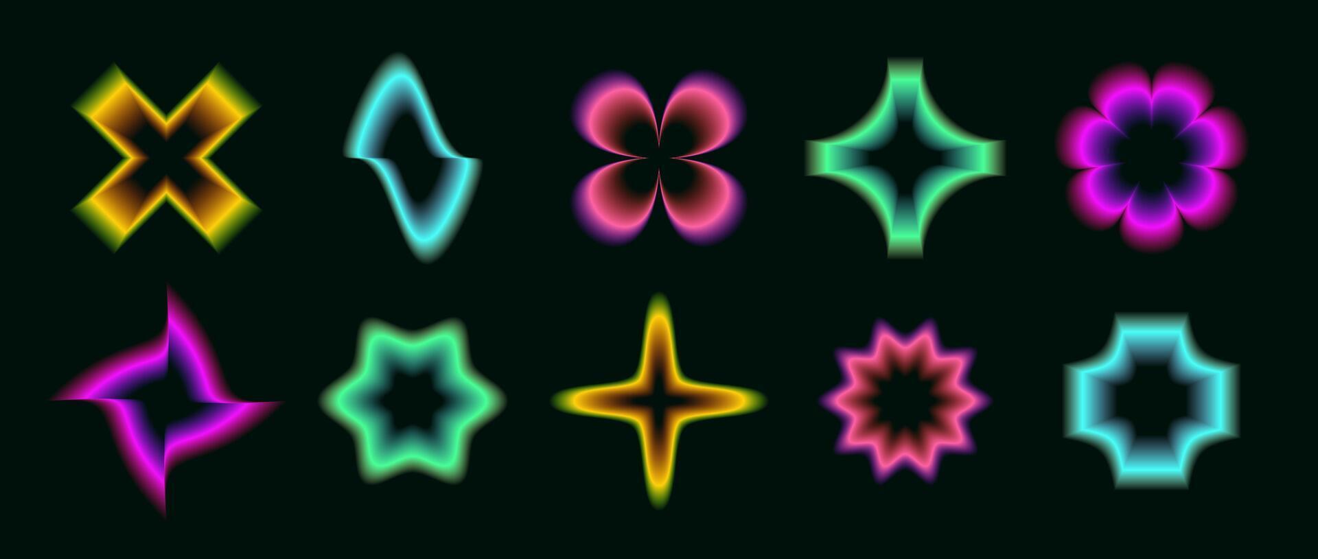 Y2k neon gradient flowers, stars, waves, crosses set. Blurred aura of different shapes collection. Abstract glowing trendy elements for logo, templates, badges, stickers. vector