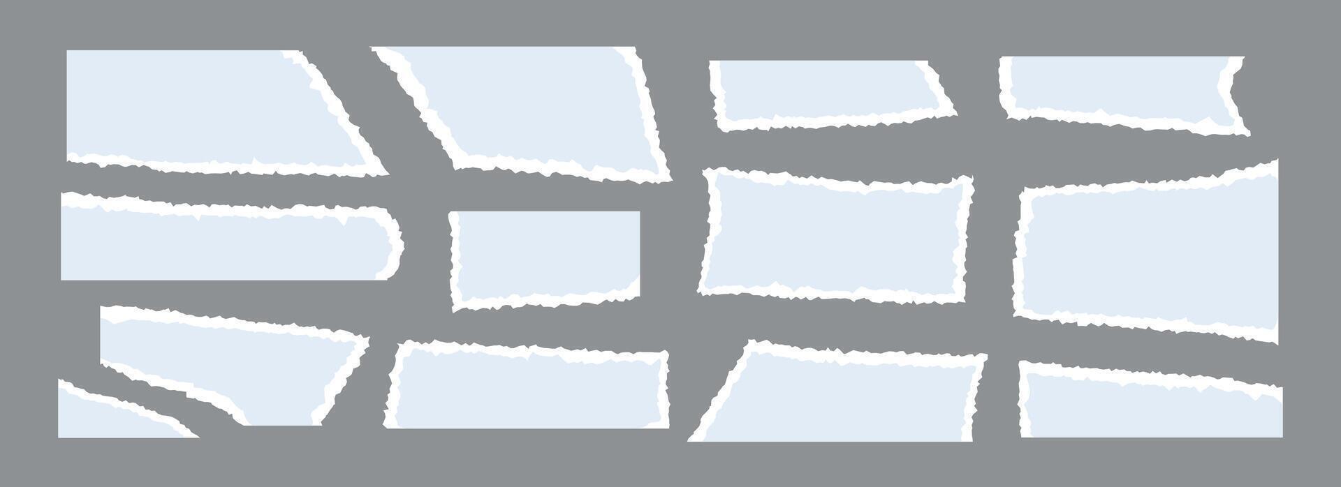 Light blue torn paper pieces set. Ripped paper sheet strips collection. Shapes and elements with jagged uneven edges for collage, text box, banner, sticker. Rip textured cardboard fragments vector