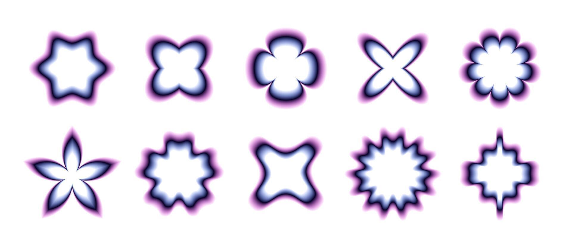 Y2k smooth gradient flowers set. Blurry flowers and stars collection. Abstract blurred trendy elements for logo, templates, badges, stickers. pack vector