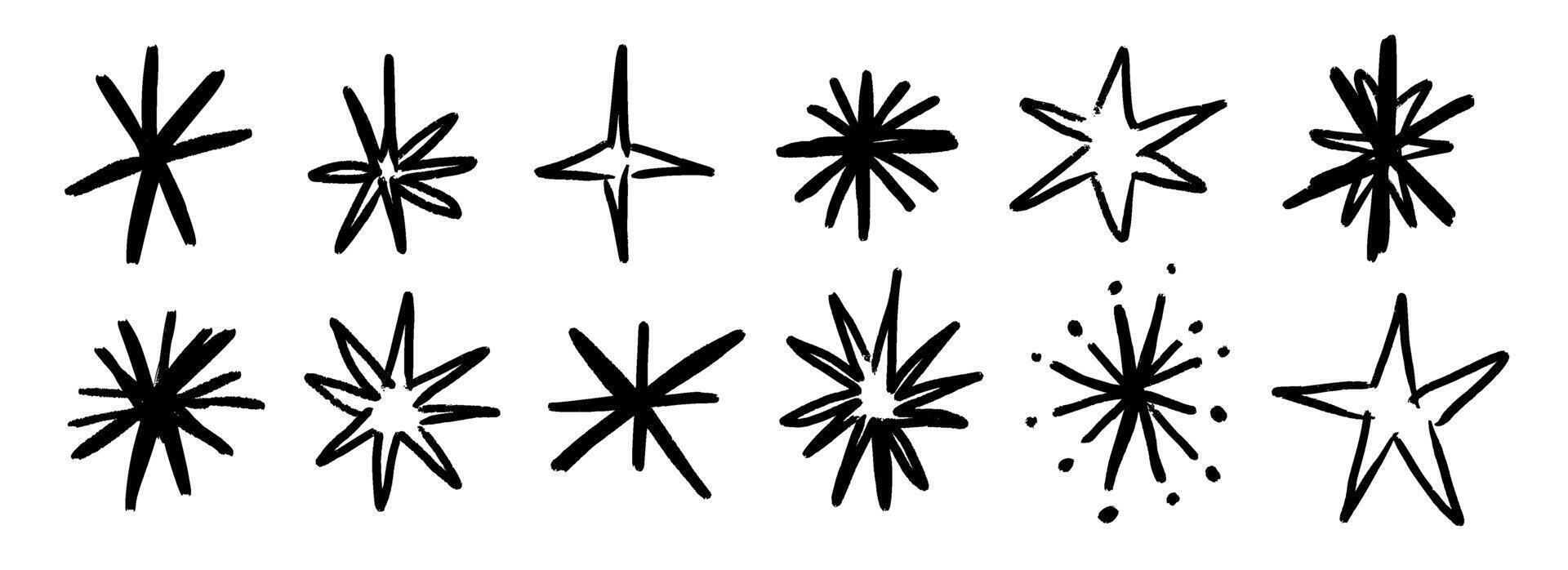 Black crayon hand drawn stars set. Cute childish doodled sparks and sparkles collection. Grunge rough brush stroke shine element pack for collage, poster, sticker. Pencil sketched symbols. vector