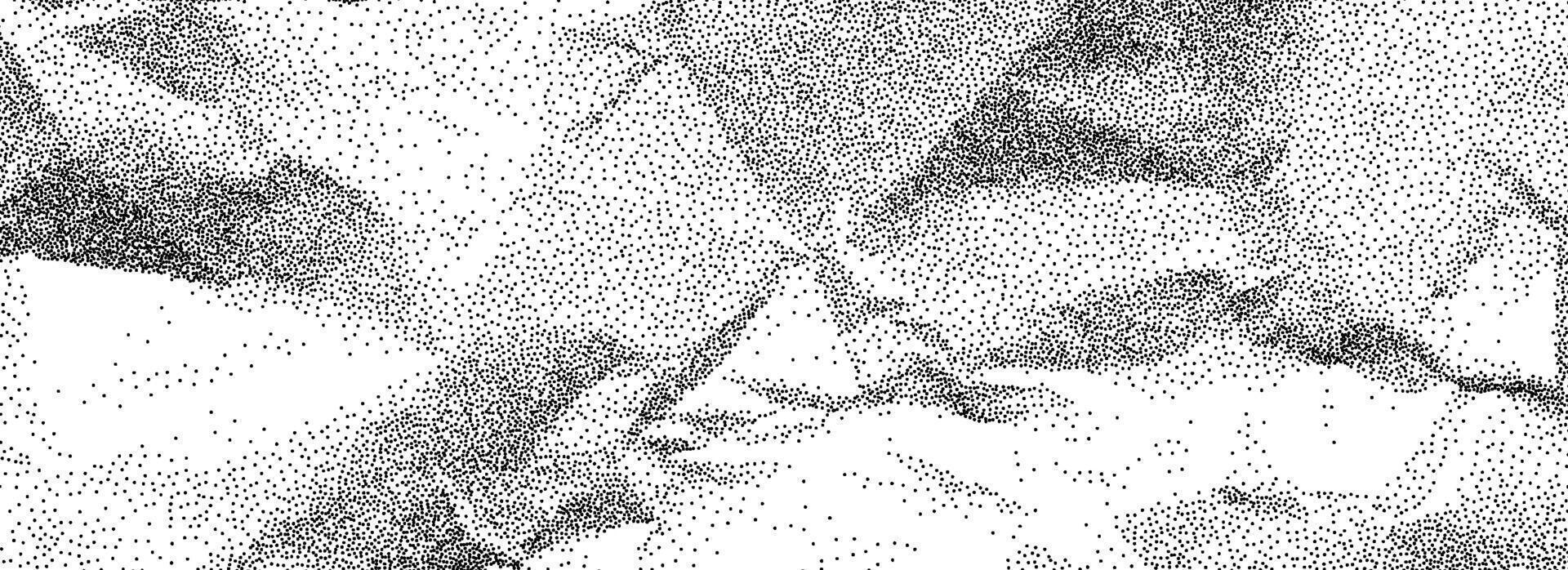 Black stippled crumpled paper texture. Dotted wrinkled effect background. Gritty creased paper sheet overlay. Aged damaged gritty surface. Noisy grain battered notebook page. Rough wallpaper vector