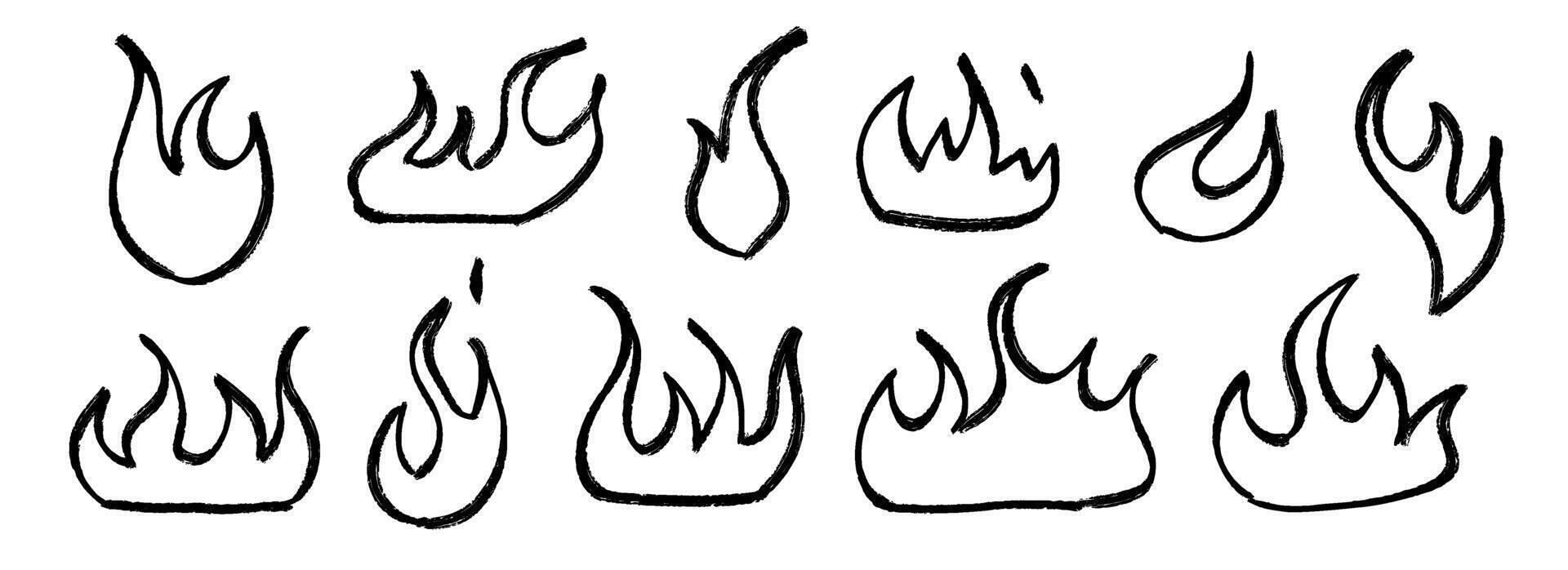Hand drawn fire shapes set. Crayon sketched burning flames collection. Black chalk grunge elements pack. Pastel pencil doodle bundle for collage, sticker, poster, banner. vector