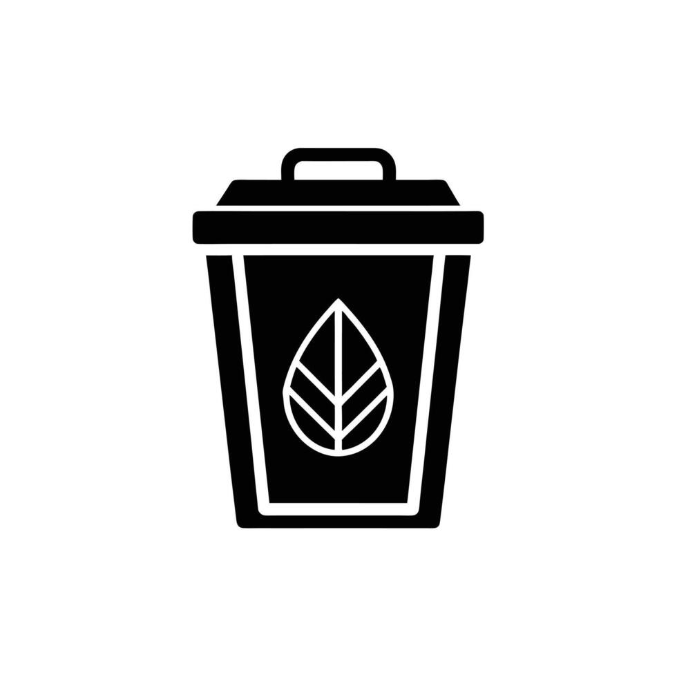 Black and White Compost Bin Icon with Leaf Symbol vector