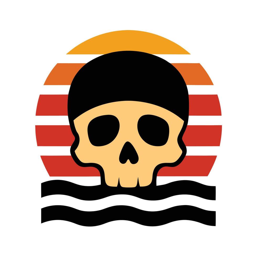 Battle Worn Skull Silhouette on Retro Striped Sunset vector