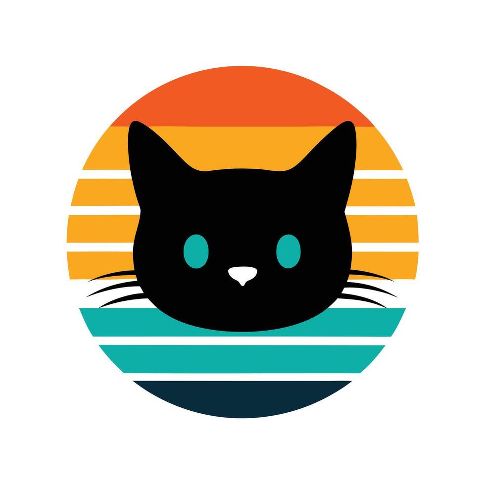 Cute Cat Head Silhouette with Whiskers on Retro Sunset vector