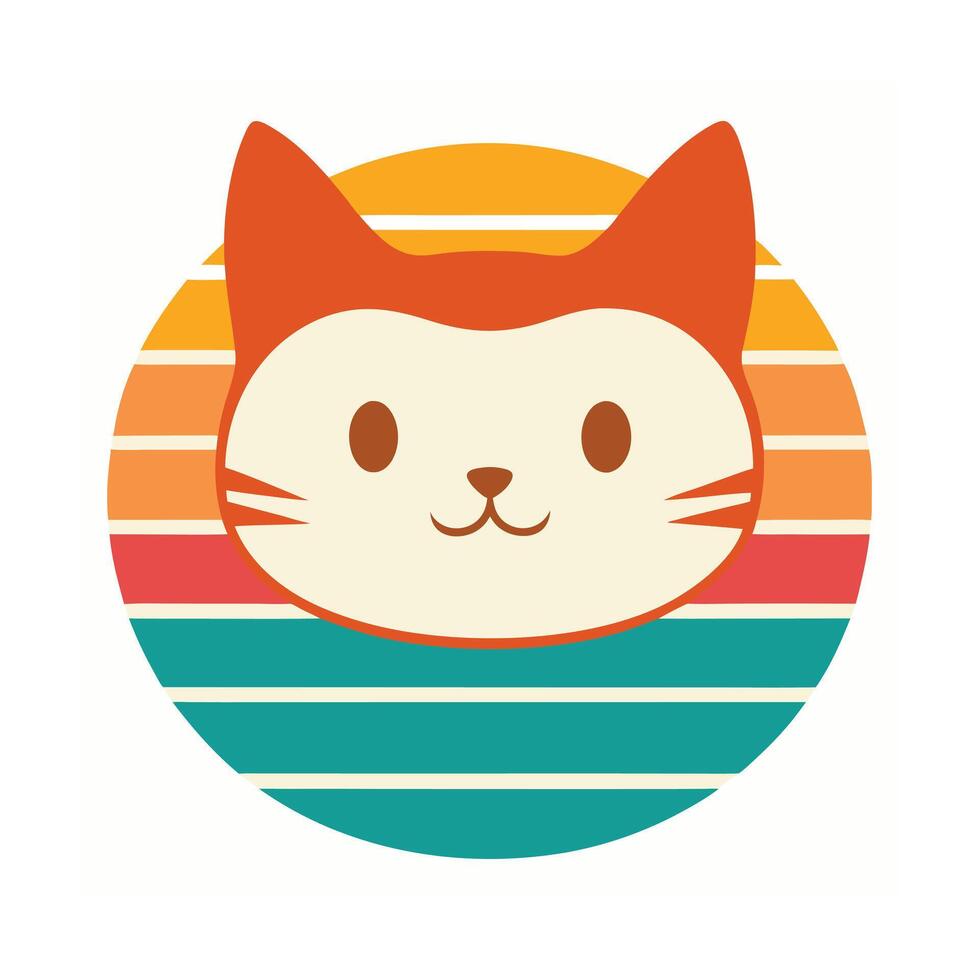Cute Chubby Cat Head Silhouette on Retro Sunset vector
