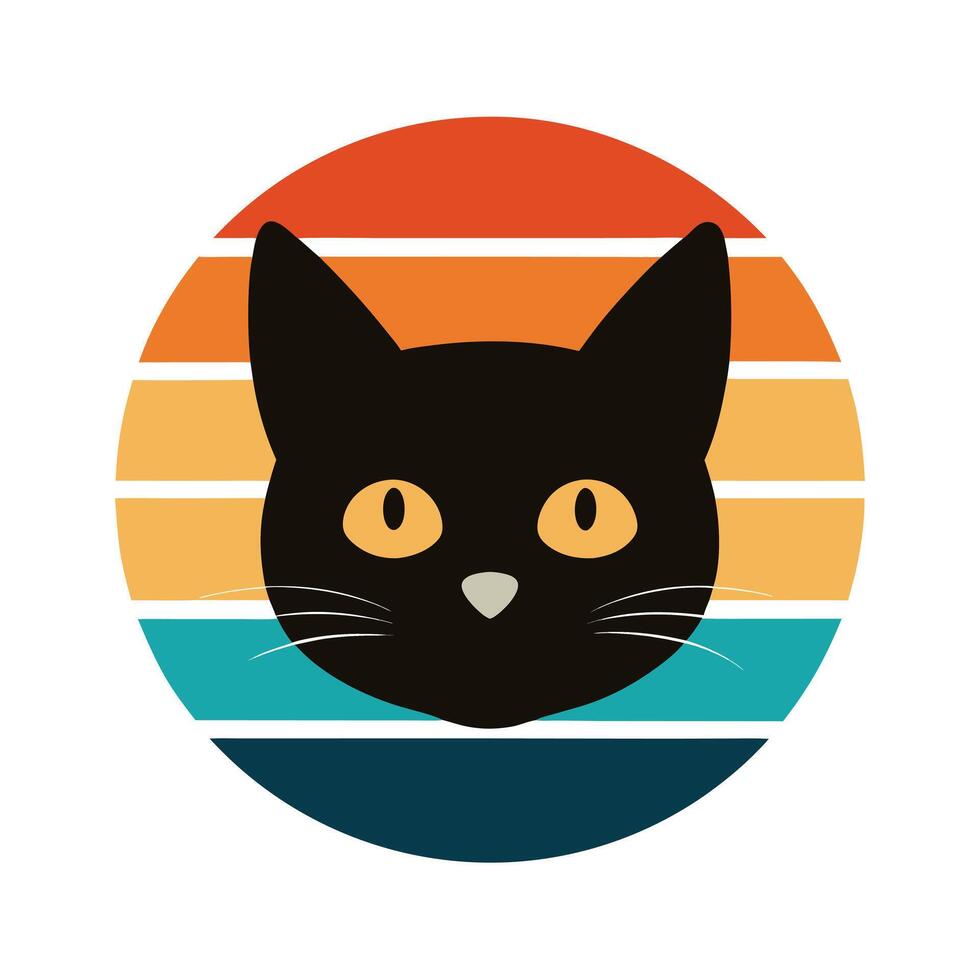 Cute Cat Head Silhouette with Pointy Ears on Sunset vector