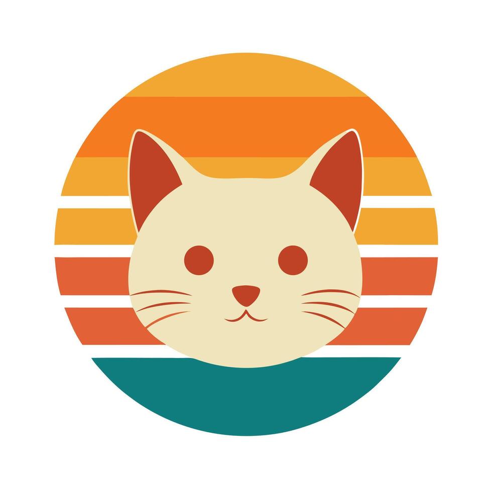 Cute Cat Head Silhouette in Mid Meow on Retro Sunset vector