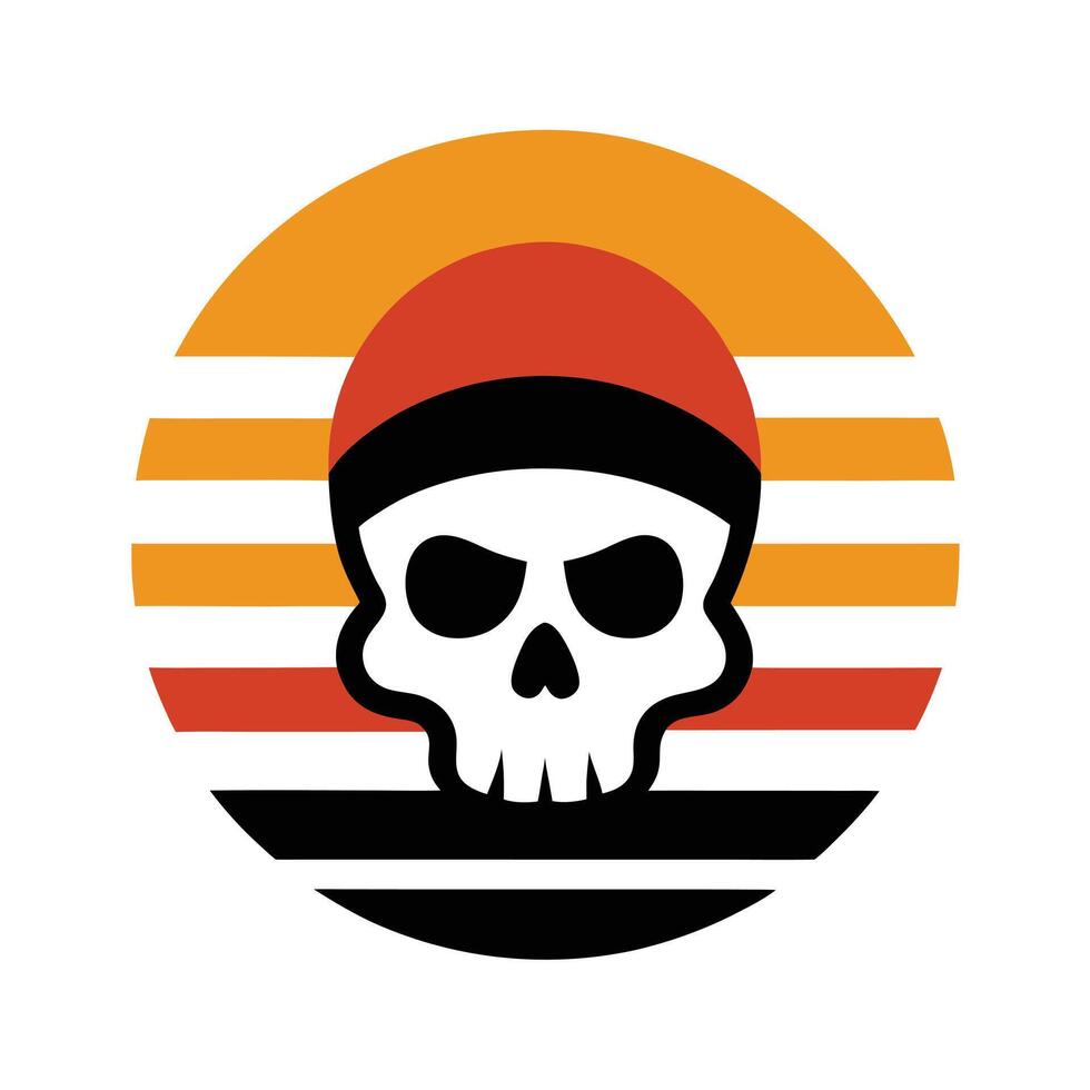 Biker Skull Silhouette on Retro Ocean Wave Sunset vector