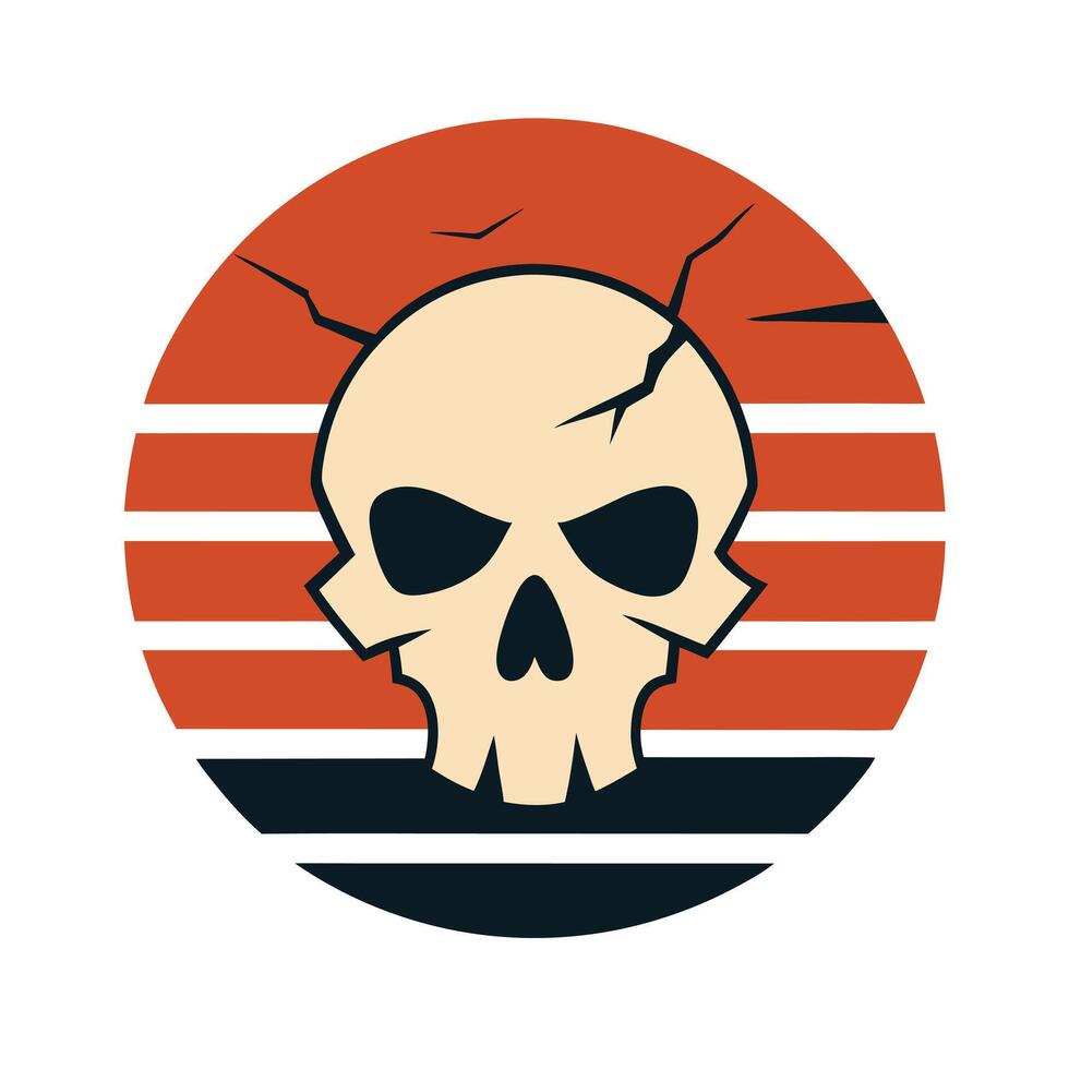 Cracked Pirate Skull Silhouette on Retro Ocean Sunset vector