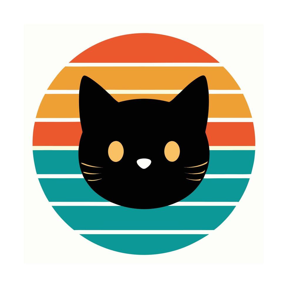Cute Curious Cat Head Silhouette on Retro Sunset vector