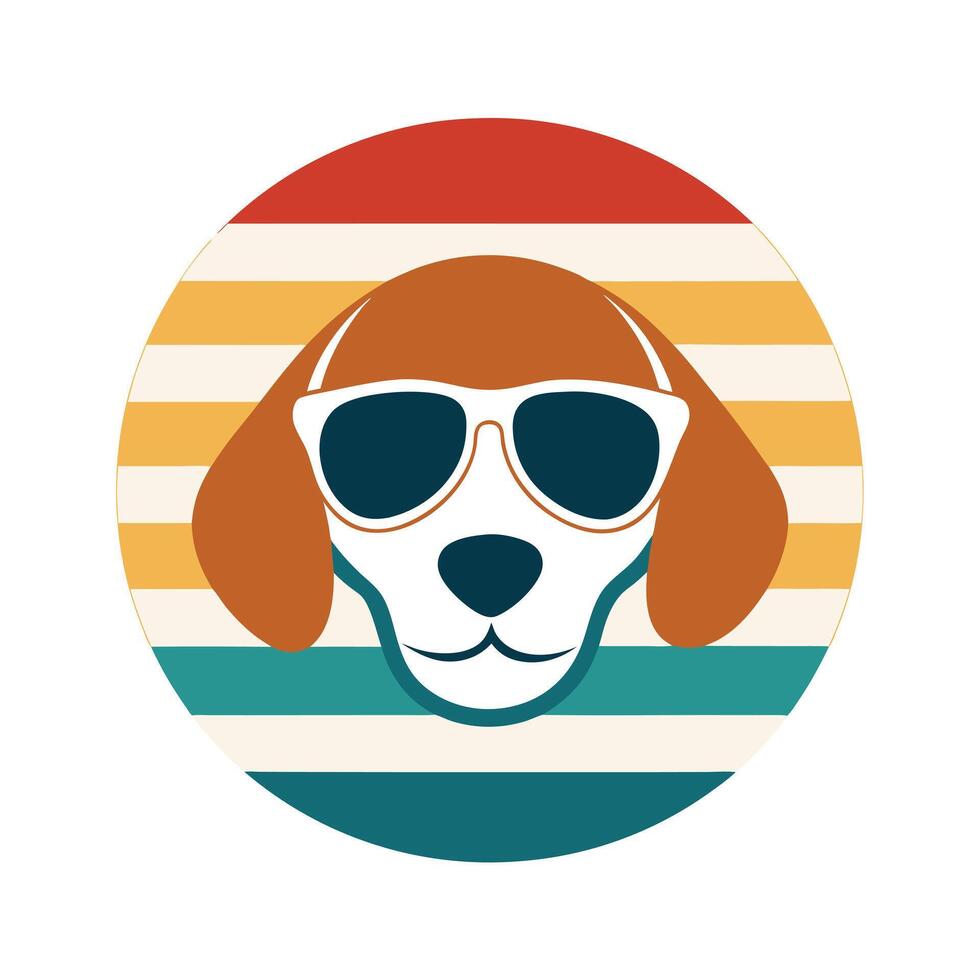 Cute Beagle Head Wearing Sunglasses on Retro Sunset vector