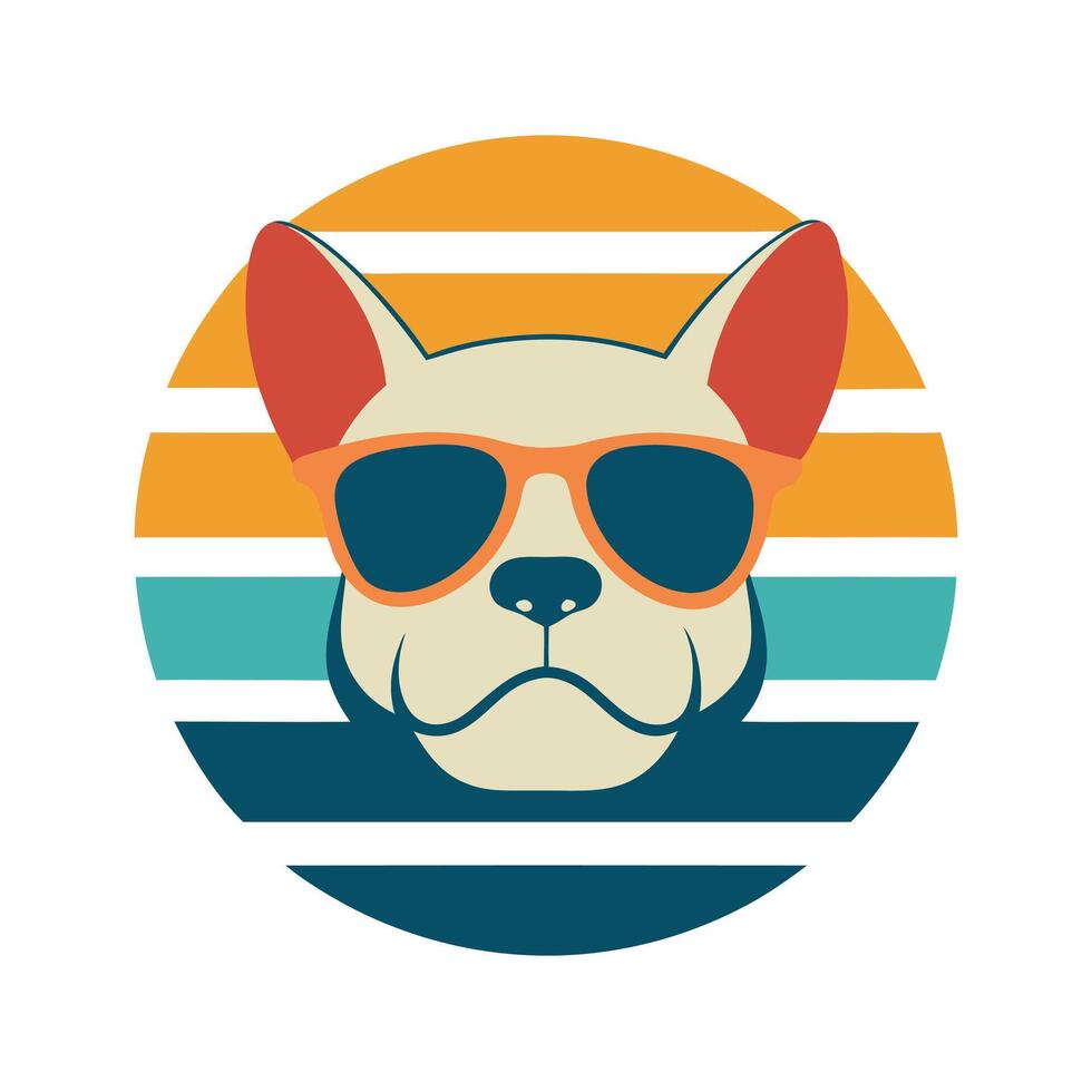 Cute Bulldog Head Wearing Sunglasses on Sunset vector