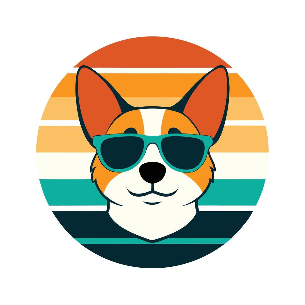 Cute Corgi Head Wearing Sunglasses on Retro Sunset vector