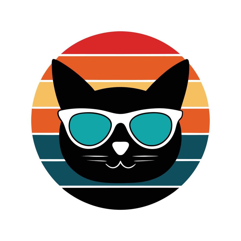 Cute Cat Head Silhouette Wearing Sunglasses on Sunset vector