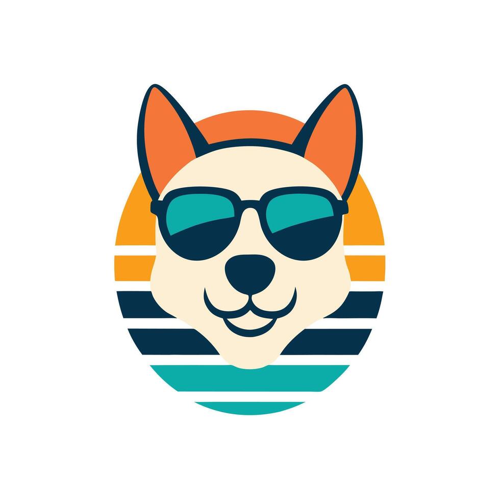 Cheerful Dog Head in Reflective Sunglasses on Sunset vector
