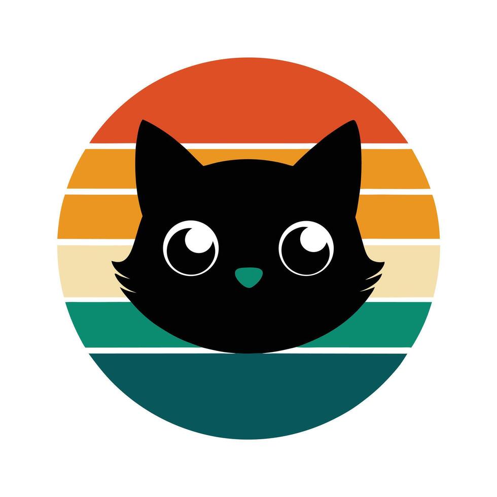 Cute Round Eyed Cat Head Silhouette on Retro Background vector