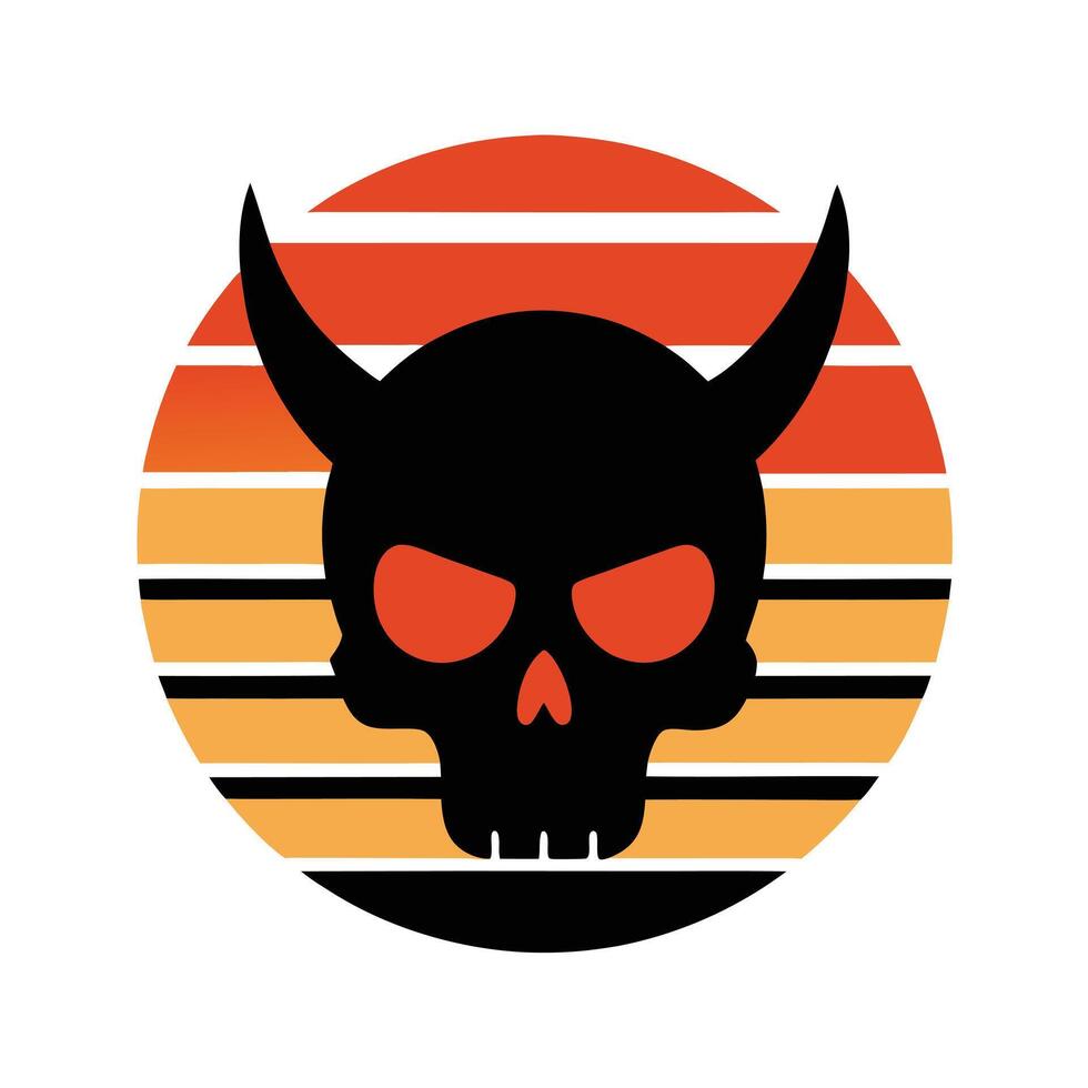 devilish skull silhouette on retro striped sunset vector