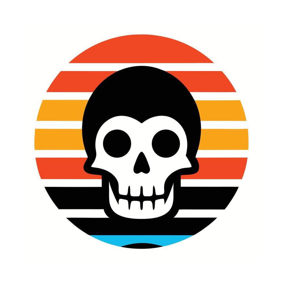 grinning skull silhouette on retro sunset with ocean stripes vector