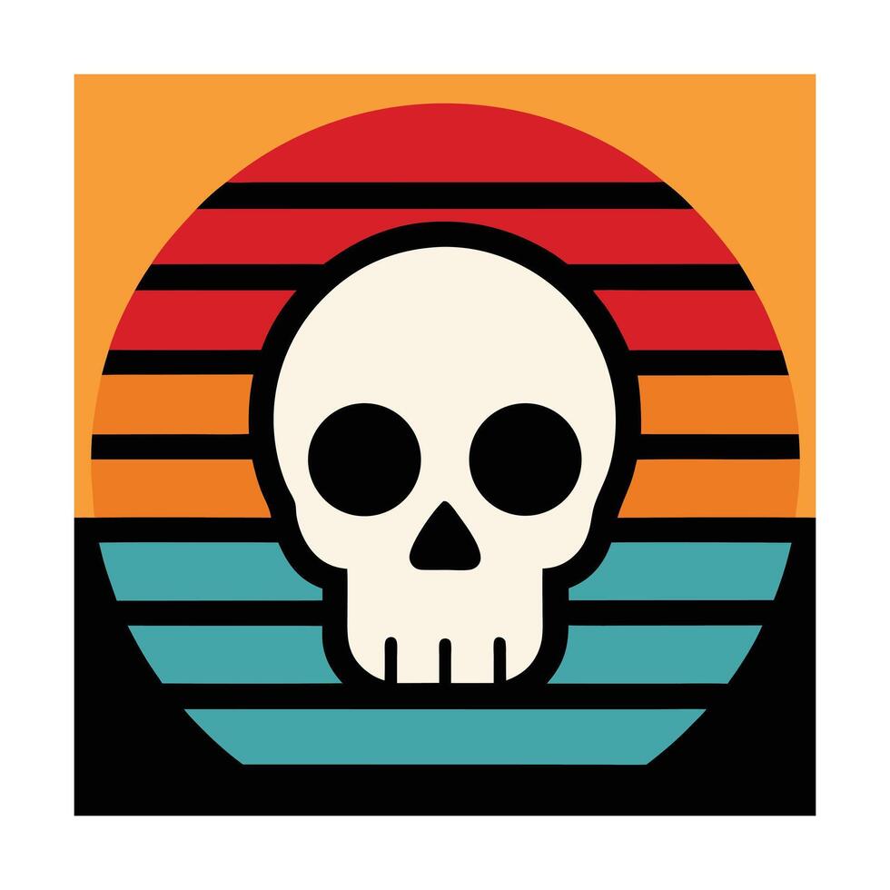 haunted skeleton head silhouette over retro stripes vector